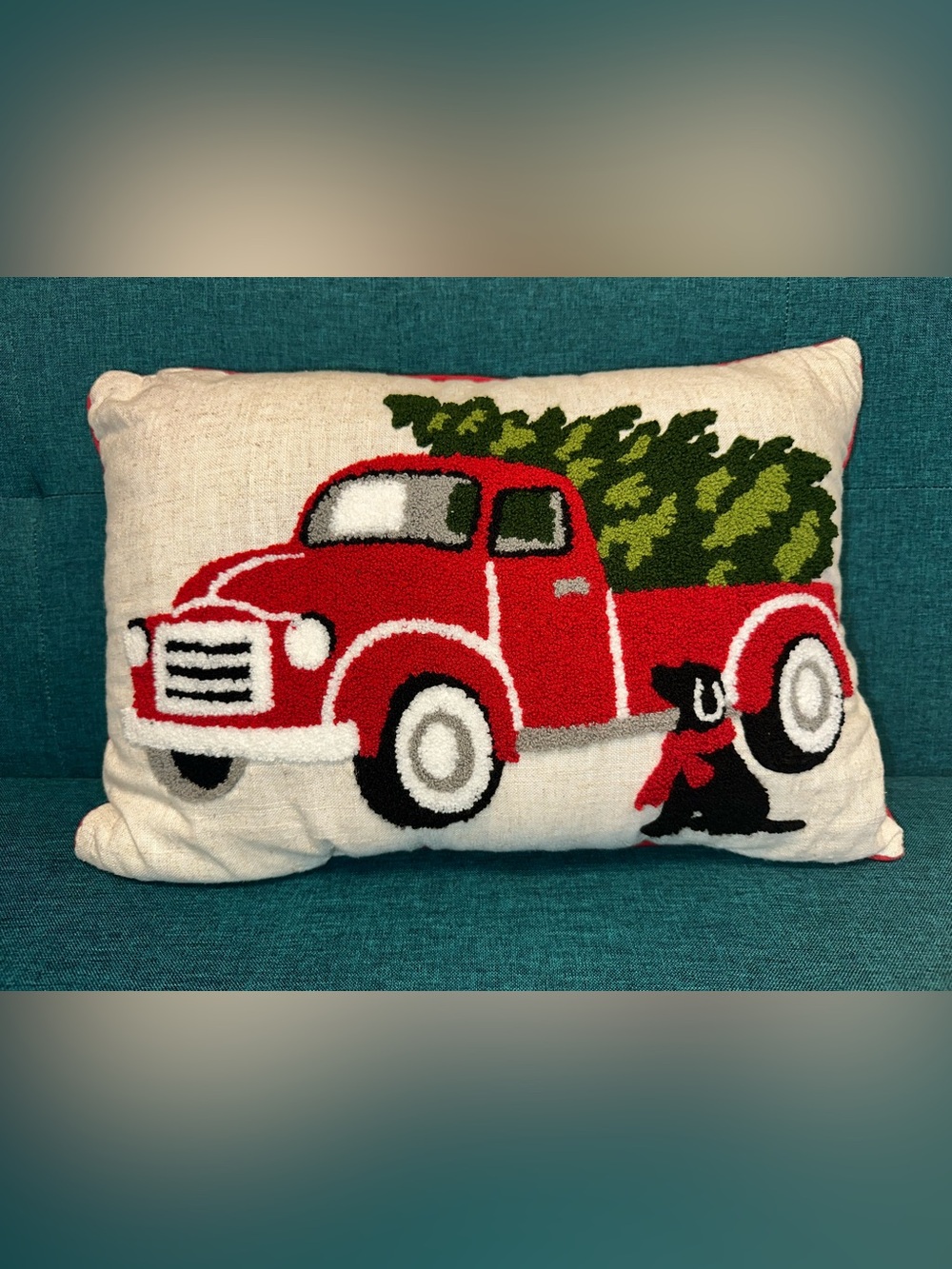 Christmas Hooked Accent Pillow Antique Truck / Christmas Tree / Black Lab MINT!